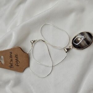 Botswana Agate Natural Gemstone Pendant Necklace Silver Plated Chain Brown Cream